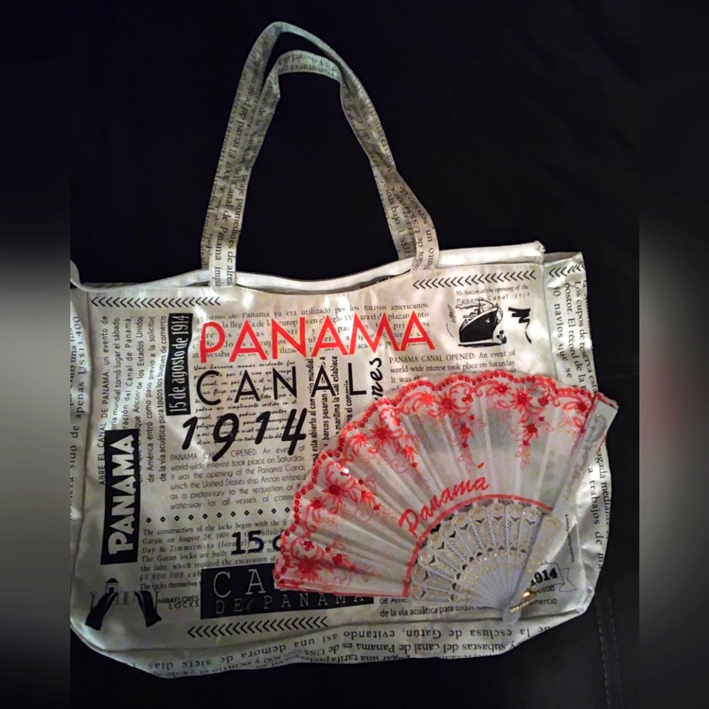 Panama Canal Print Tote Bag - White and Red